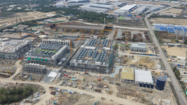 Aerial drone view of a massive hyperscale data center under construction in Chonburi, Thailand, showing cloud infrastructure, AI computing and industrial scale digital growth.
