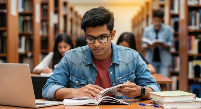 Young South Asian male student studying with a book and laptop in a university library, focused academic research, higher education concept, library study session