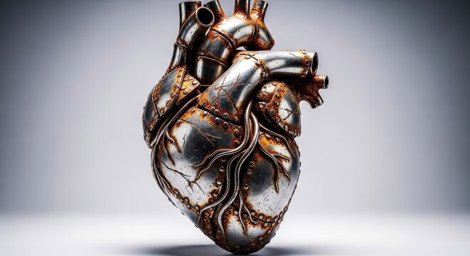 A textured industrial heart sculpture made of rusted iron and distressed steel with dark metallic tones and a gritty weathered appearance, manufacturing, oxidation, solid