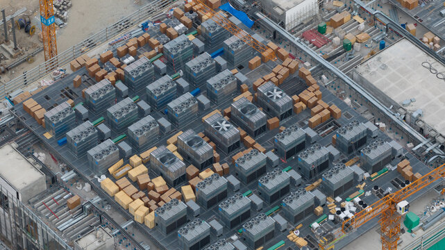 Aerial drone view of a massive hyperscale data center under construction in Chonburi, Thailand, showing cloud infrastructure, AI computing and industrial scale digital growth.