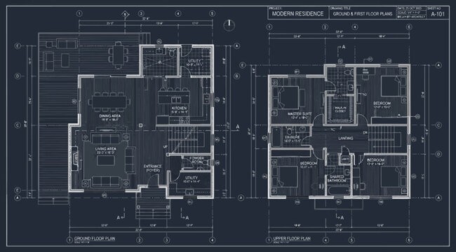 Architectural floor plan of a modern residential house with ground and first floor layouts