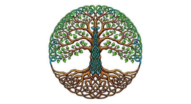 A vintage circular Celtic ornament featuring a detailed tree of life with intricate knotwork branches and roots on a plain white backdrop, wood, celtic, cultural