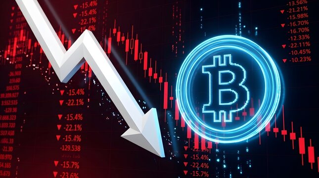 Glowing blue bitcoin symbol with sharp downward arrow over red candlestick charts and falling numbers symbolizing cryptocurrency market crash price decline and financial loss in volatile crypto 