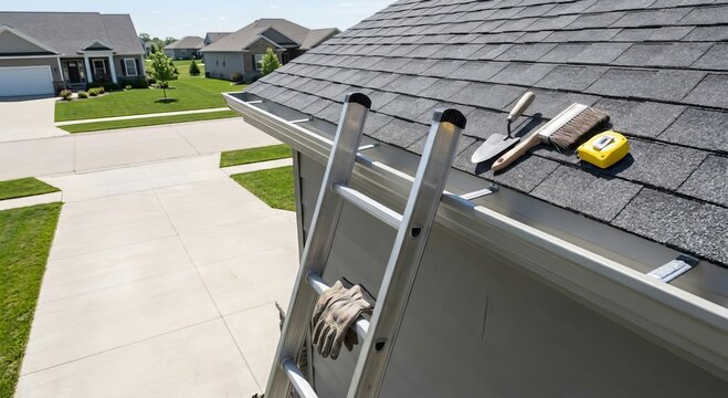 Professional Roof Repair and Gutter Maintenance Equipment on Residential House