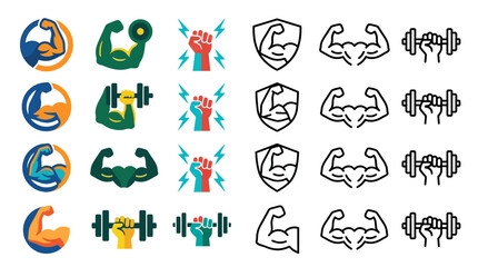 Obraz premium Strong Power Icon Set – Muscle Arm, Fitness & Bodybuilding Vector Collection 