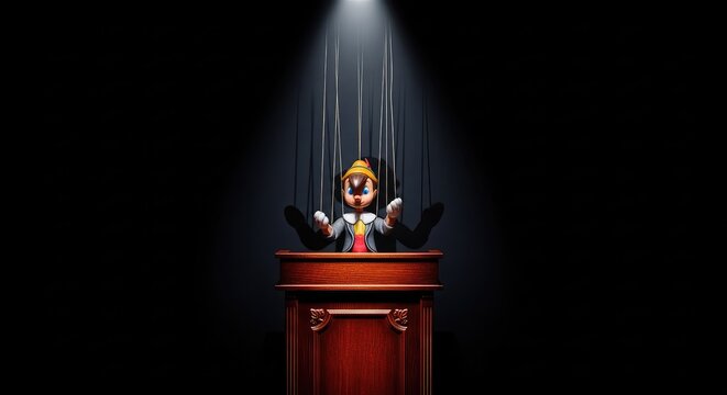 A wooden puppet with an elongated nose stands behind a formal podium under a spotlight, symbolizing political deception and empty rhetoric, spotlight, growth, long