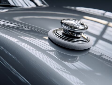 Polishing metallic surface of vintage car with foam buffer representing expert vehicle care and restoration in a bright industrial setting