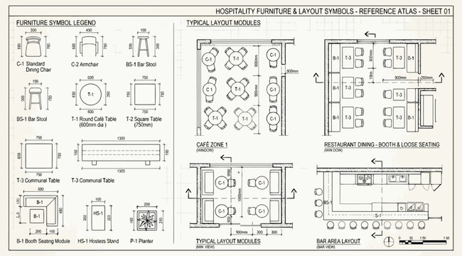 Hospitality furniture and layout symbols reference atlas for restaurant interior planning