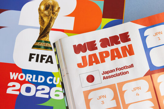 LONDON, UK - JUNE 2026: japan team page with flag in the 2026 world cup sticker book