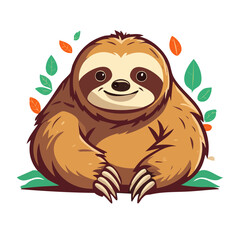 Fototapeta premium Cute cartoon sloth with leaves