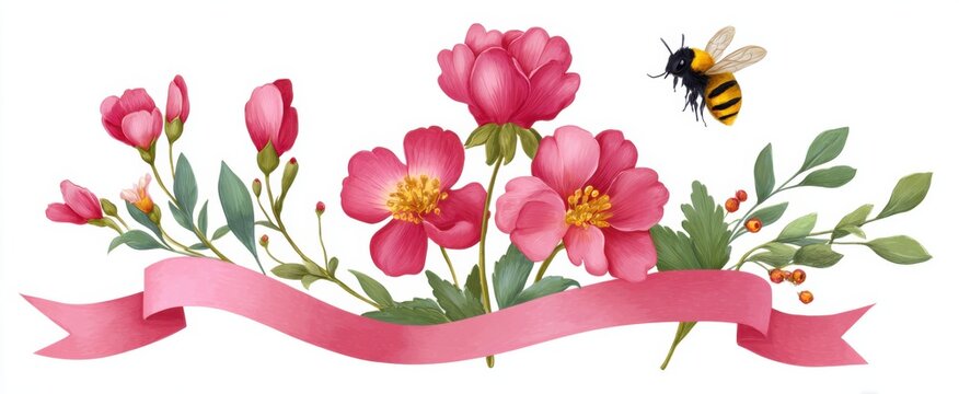 Vibrant garden flowers dance with a pink ribbon while a bee buzzes in this watercolor illustration