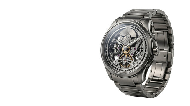 Skeleton automatic wristwatch with visible internal gears, luxury titanium mechanical watch on white background, premium masculine timepiece for business