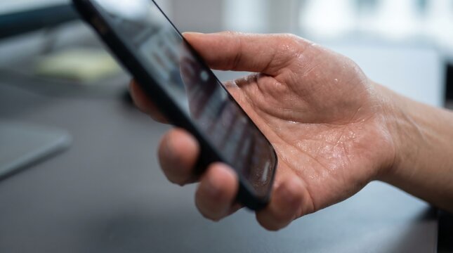 Somatic Symptom and Hyperhidrosis Concept: Close-Up of a Sweating Palm Holding a Blurred Smartphone on an Office Desk