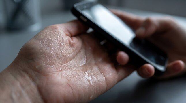 Somatic Symptom and Hyperhidrosis Concept: Close-Up of a Sweating Palm Holding a Blurred Smartphone on an Office Desk