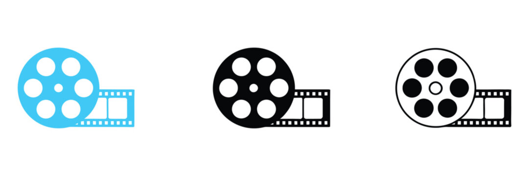 Film Roll Vector Thin Line Icon Set with cinema movie reel outline symbols, UI interface elements, editable stroke contour illustration, isolated minimal vector icons for web and app design projects