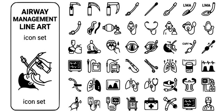 Airway Management Line Art Black White-Intubation Laryngoscope Blade Confirm-Critical Care Vector-Airway Icon Line-EMS Design Set