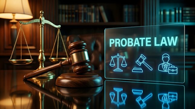 Wooden gavel and golden scales of justice on desk with glowing probate law holographic interface and legal icons against law library background, estate inheritance legal service and attorney 