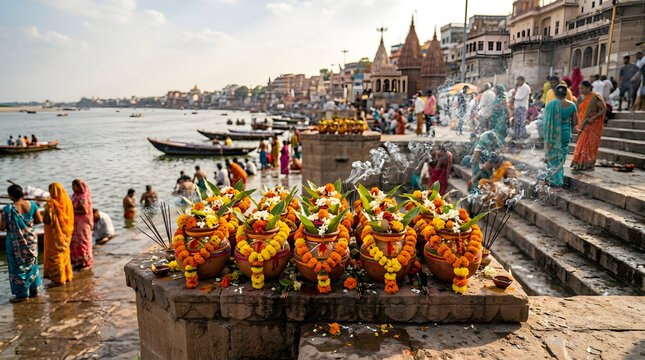Ganga dussehra ritual pots and devotees on the river bank