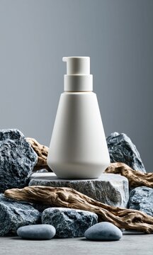 Minimalist skincare product display on natural rockscape