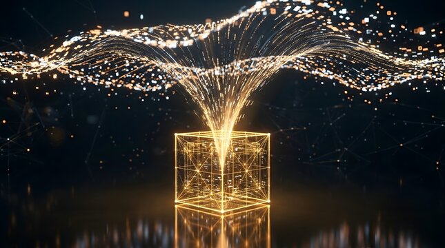 Glowing golden wireframe cube emitting fountain of sparkling light particles on dark reflective background symbolizing data energy and digital innovation, futuristic technology with abstract glowing 