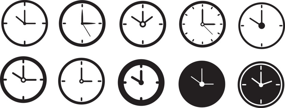 Clock time icons, hour minute symbols, deadline schedule set, and business time vector collection.