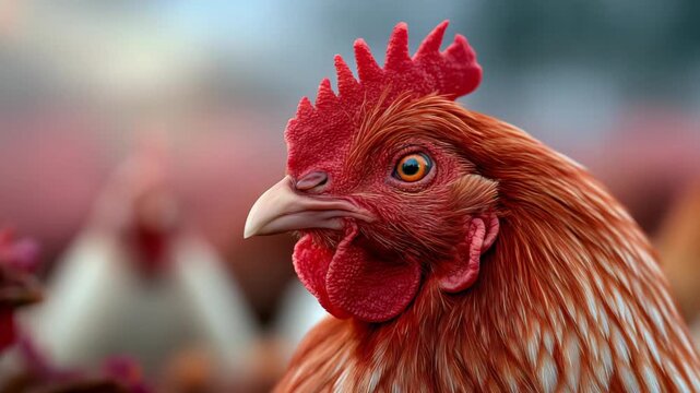 Close-up head shot of a colorful rooster, showcasing its vibrant feathers, striking comb, and bold expression in a natural farm setting.