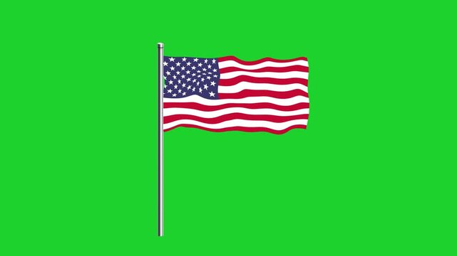 America National flag waving in wind with stick animation isolated on green background