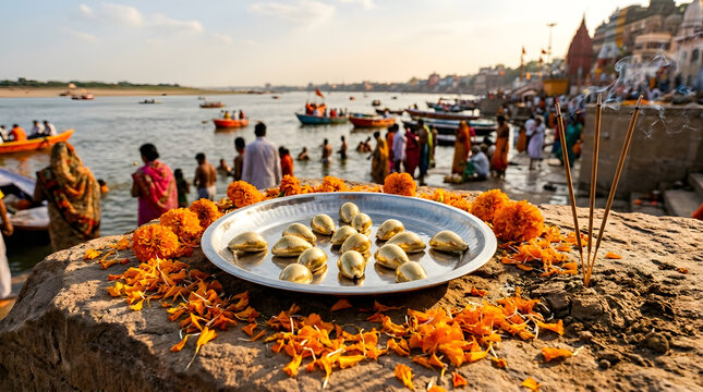 Ganga dussehra holy ritual offerings at the ganges river bank