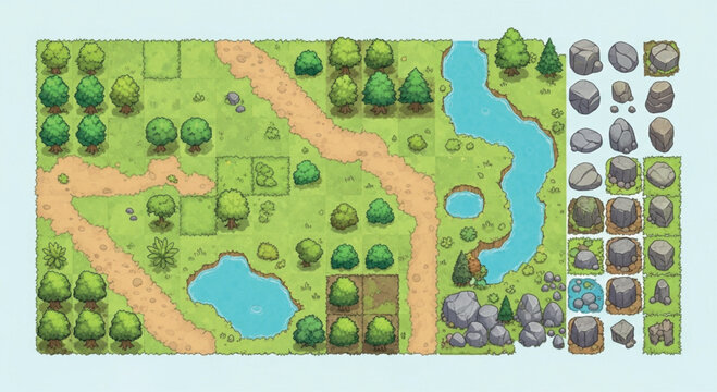 Pixel art game map tileset, top-down forest landscape elements for RPG level design, green meadow with trees and river vector