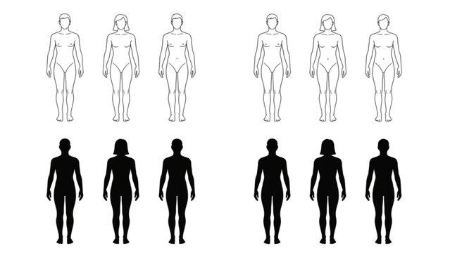 Human body proportions template male and female mannequin croquis fashion design technical drawing outline shape front view silhouette