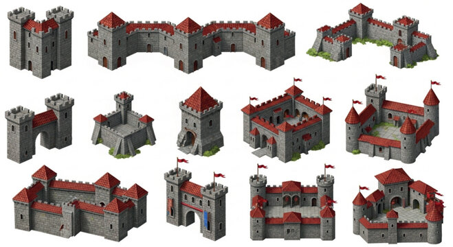 Medieval castle isometric vector set, stone fortress architecture with red roofs and towers, 12 historical citadel building elements for game design
