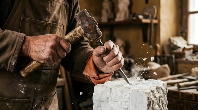 Stonemason hands using hammer and chisel to carve white stone block with flying sparks and dust, skilled craftsman sculpting marble in traditional masonry workshop showing artisan stonework 