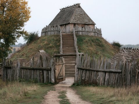 A wood medieval fortress on top of a small hill.