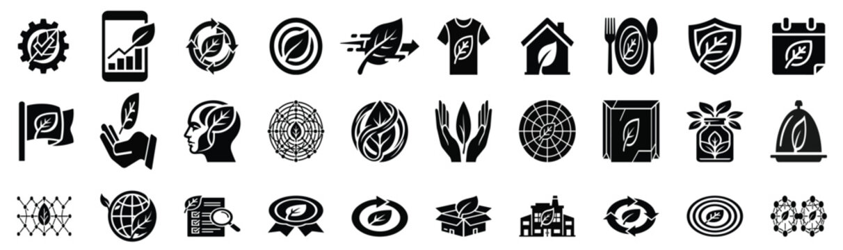 Set of 30 outline icons related to eco, leaf. Linear icon collection. Editable stroke. Vector illustration