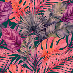 Tropical leaves: monstera, palm fronds, and banana foliage on dark green background. Vibrant jungle vector seamless pattern with pink, purple, and orange botanical elements for summer fashion textile © SunwArt