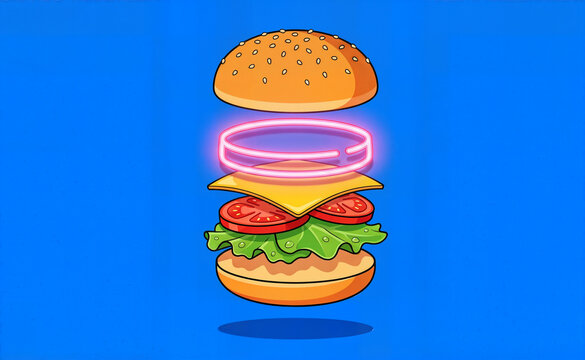 Floating cartoon burger ingredients stacked vertically against solid blue background featuring bright neon glowing ring representing tasty fast food meal design.