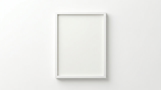 Minimalist white vertical picture frame mockup hanging on a clean empty wall background for poster art display and gallery presentation template copy space.