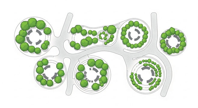 Landscape architecture site plan with green trees and circular pathways, urban park master plan vector, modern garden design layout for public space
