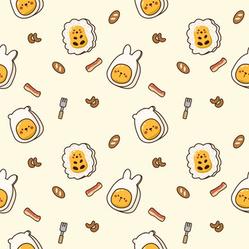 Animal boiled egg cartoon so cute. On rabbit bear hedgehog bacon bread sausage fork background. Pattern seamless vector illustration. 