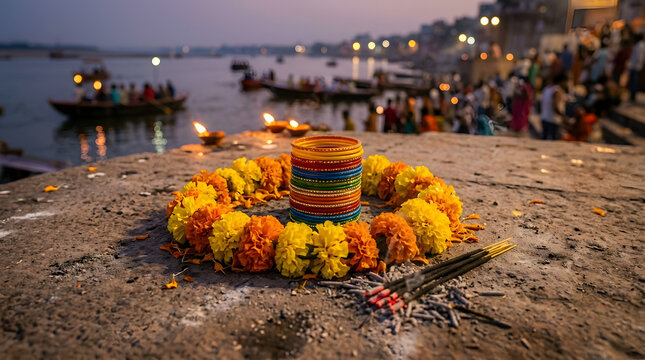 Ganga dussehra festival offerings with marigold flowers and bangles