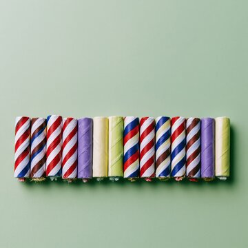 Light green background with a row of colorful striped bottle rocket fireworks for holiday celebration, seasonal firework advertising and social media banner mockup