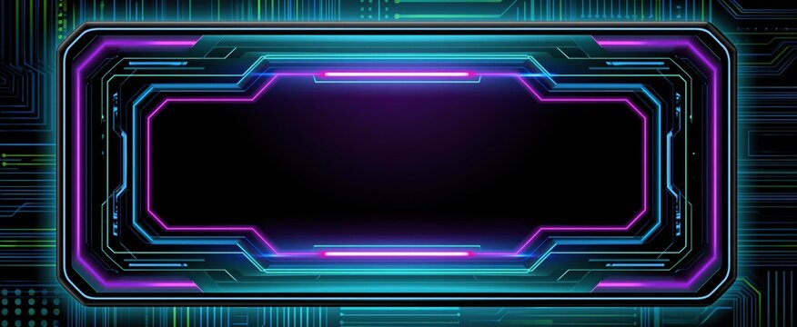 Black digital frame displaying vibrant neon interface on a modern tech background highlighting innovation and design.