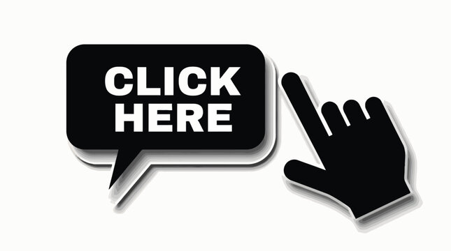 Black speech bubble click here button with hand pointer icon internet template