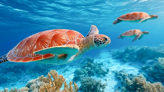 Sea turtles swim in clear water above coral reef in tropical ocean Generative AI