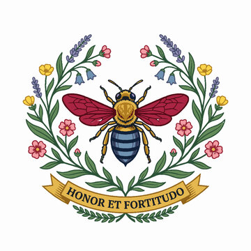 Vintage heraldic emblem featuring a central honeybee surrounded by a colorful floral wreath and a Latin banner.