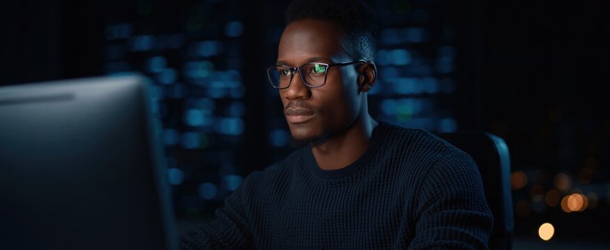Cybersecurity threats targeting machine learning. Malicious input manipulation attacks. Hacker trying to corrupt AI training data and algorithms using a desktop computer.