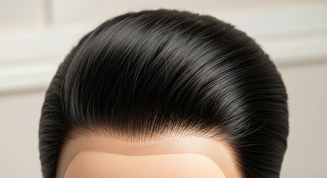Close-up of sleek black hairstyle on mannequin head