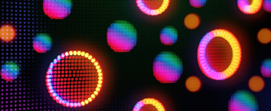 Glowing pixelated circles dance like fireflies on a vibrant digital screen in retro arcade gaming style