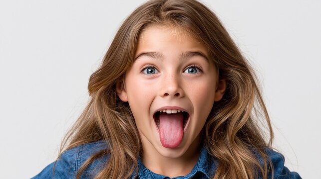 Young preteen girl with long wavy light brown hair opening mouth wide sticking out tongue against plain light gray background, surprised playful kid concept