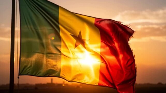 National flag of senegal waving in the wind at sunset